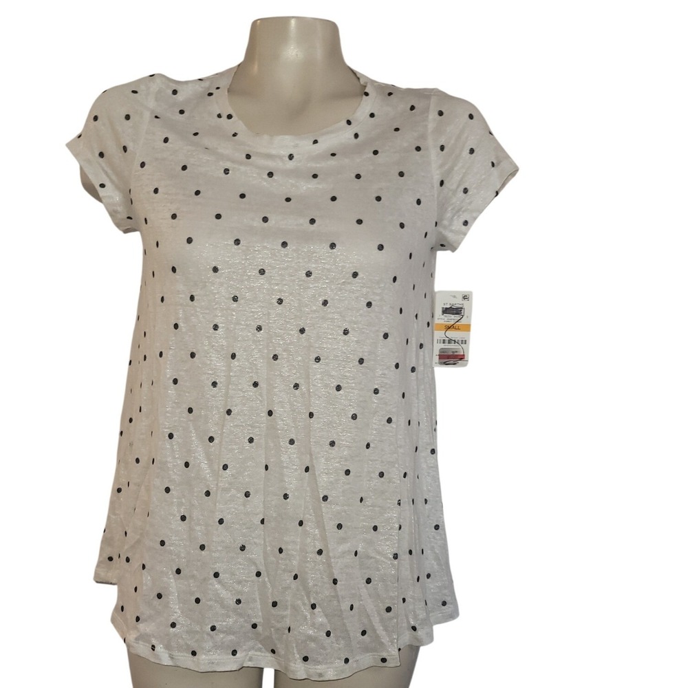 Maison Jules Womens NEW White Polka Dot 100% Linen Metallic T-Shirt S beach‎